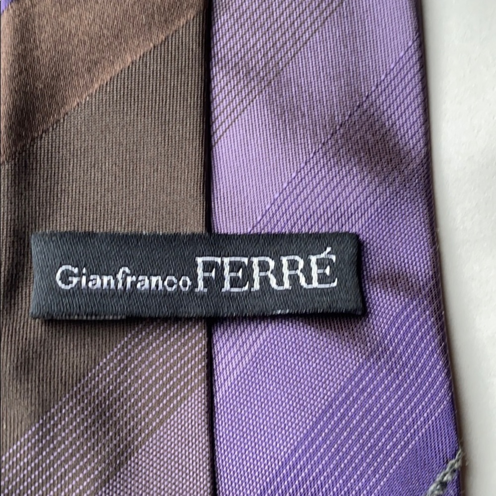 Gianfranco Ferré Silk Tie – Brown & Purple Diagonal Stripe – 3.25" Classic Width - Picture 3 of 6
